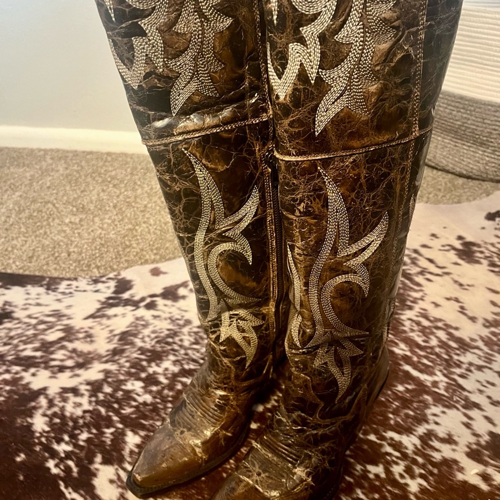 Dan Post Brown and Silver Over the Knee Boots with Intricate Embroidery